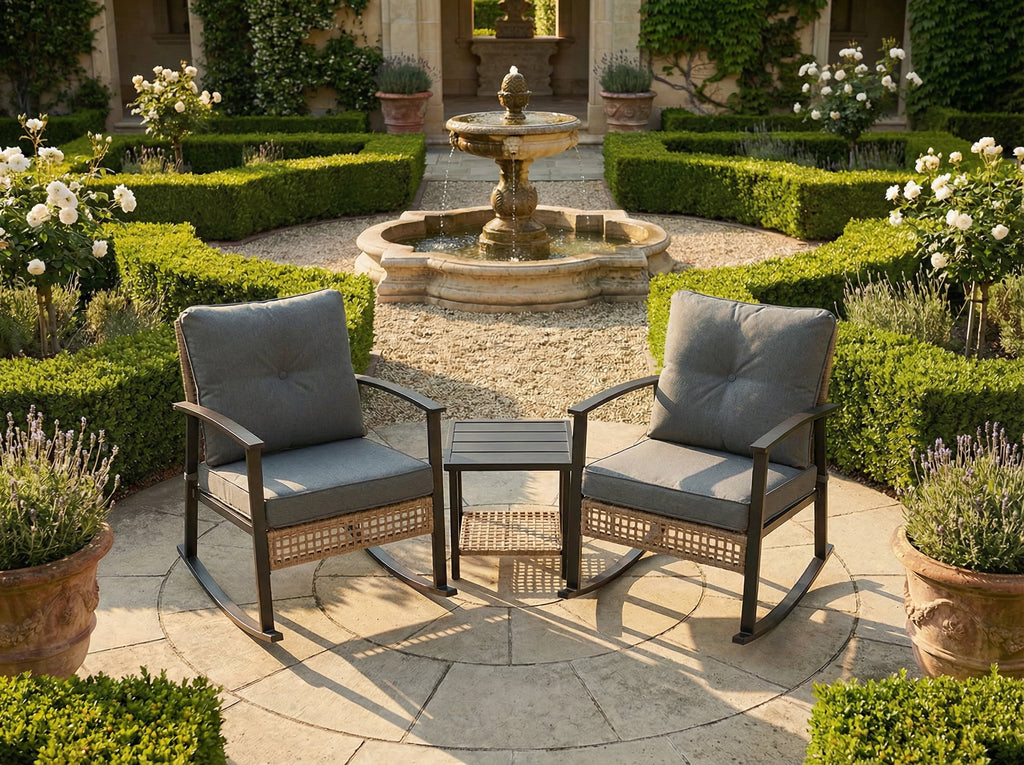 HaiNova 3 Piece Patio Rocking Chairs Set with Thick Warm Beige Cushions, Outdoor Rocking Chair Bistro Set with Chairs and Coffee Table Suitable for Garden, Backyard Porch and Balcony, Grey