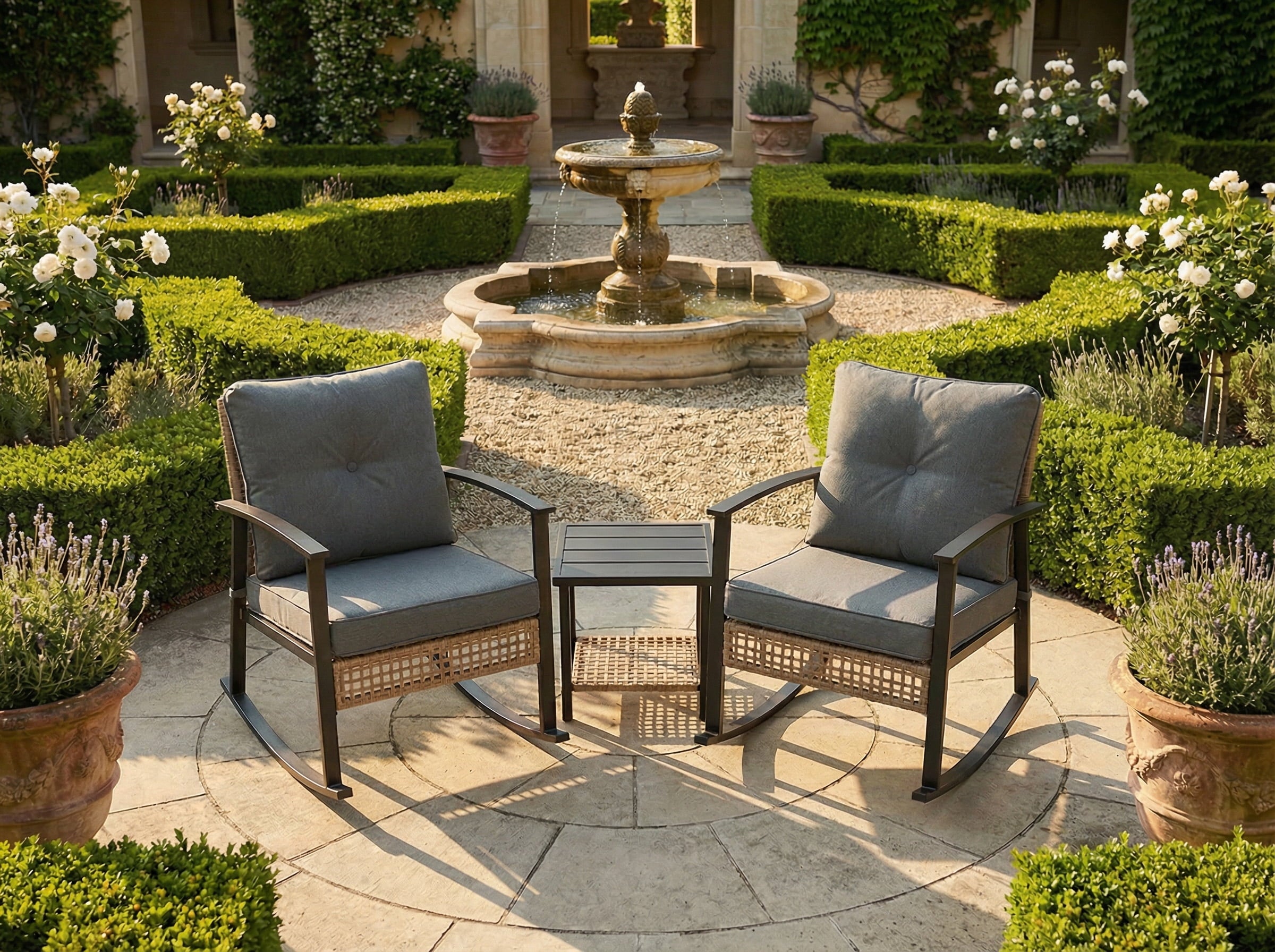 HaiNova 3 Piece Patio Rocking Chairs Set with Thick Warm Beige Cushions, Outdoor Rocking Chair Bistro Set with Chairs and Coffee Table Suitable for Garden, Backyard Porch and Balcony, Grey