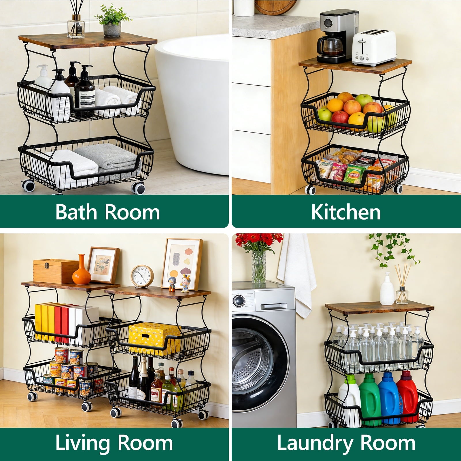 HaiNova 3-Tier Rolling Pantry Cart with Wheels and Top Shelf, Stackable Wire Snack Cart for Pantry Shelves, Kitchen Fruit, Vegetables Stand