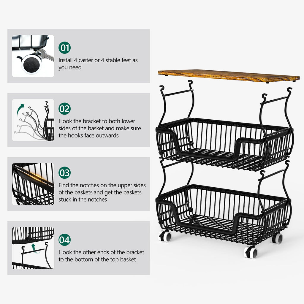 HaiNova 3-Tier Rolling Pantry Cart with Wheels and Top Shelf, Stackable Wire Snack Cart for Pantry Shelves, Kitchen Fruit, Vegetables Stand