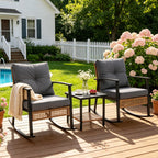 HaiNova 3 Piece Patio Rocking Chairs Set with Thick Warm Beige Cushions, Outdoor Rocking Chair Bistro Set with Chairs and Coffee Table Suitable for Garden, Backyard Porch and Balcony, Grey