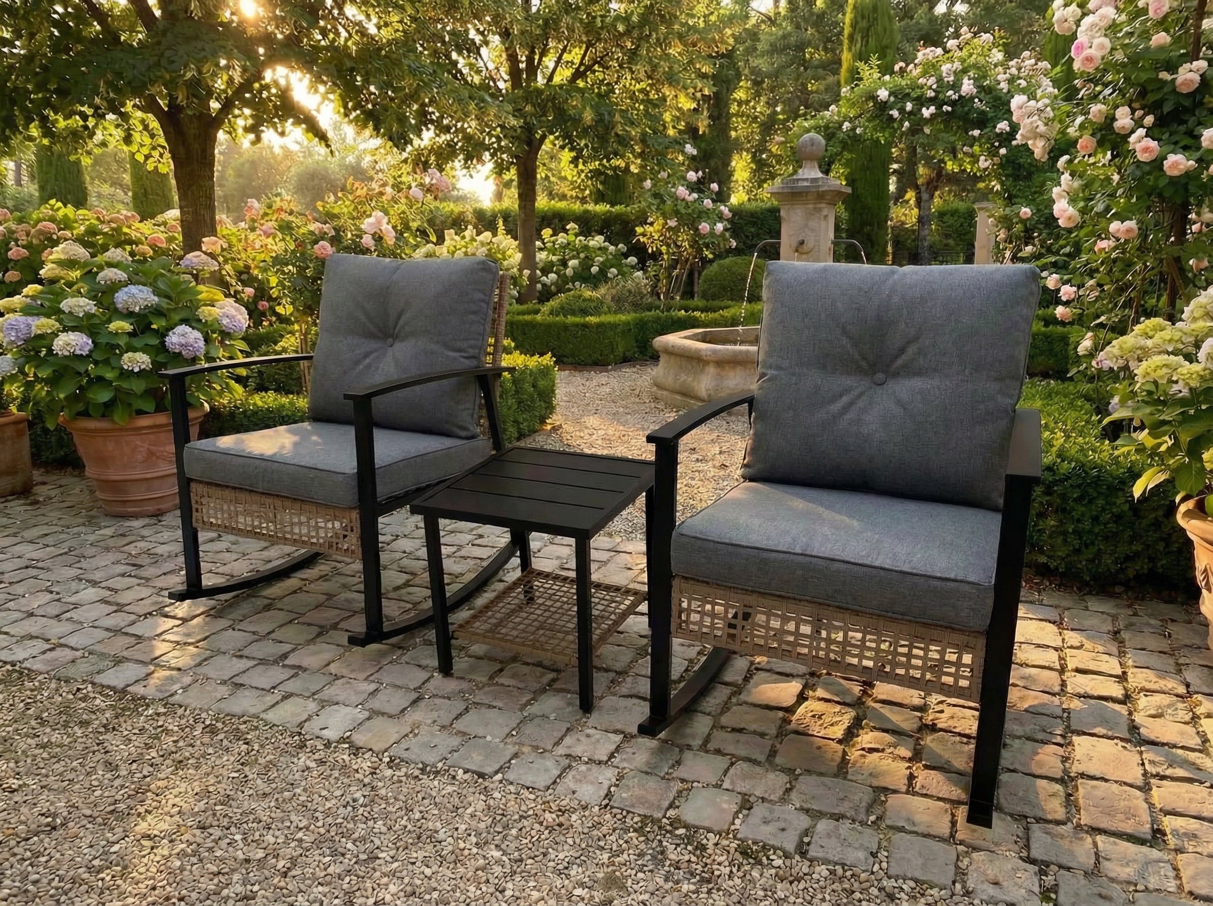HaiNova 3 Piece Patio Rocking Chairs Set with Thick Warm Beige Cushions, Outdoor Rocking Chair Bistro Set with Chairs and Coffee Table Suitable for Garden, Backyard Porch and Balcony, Grey