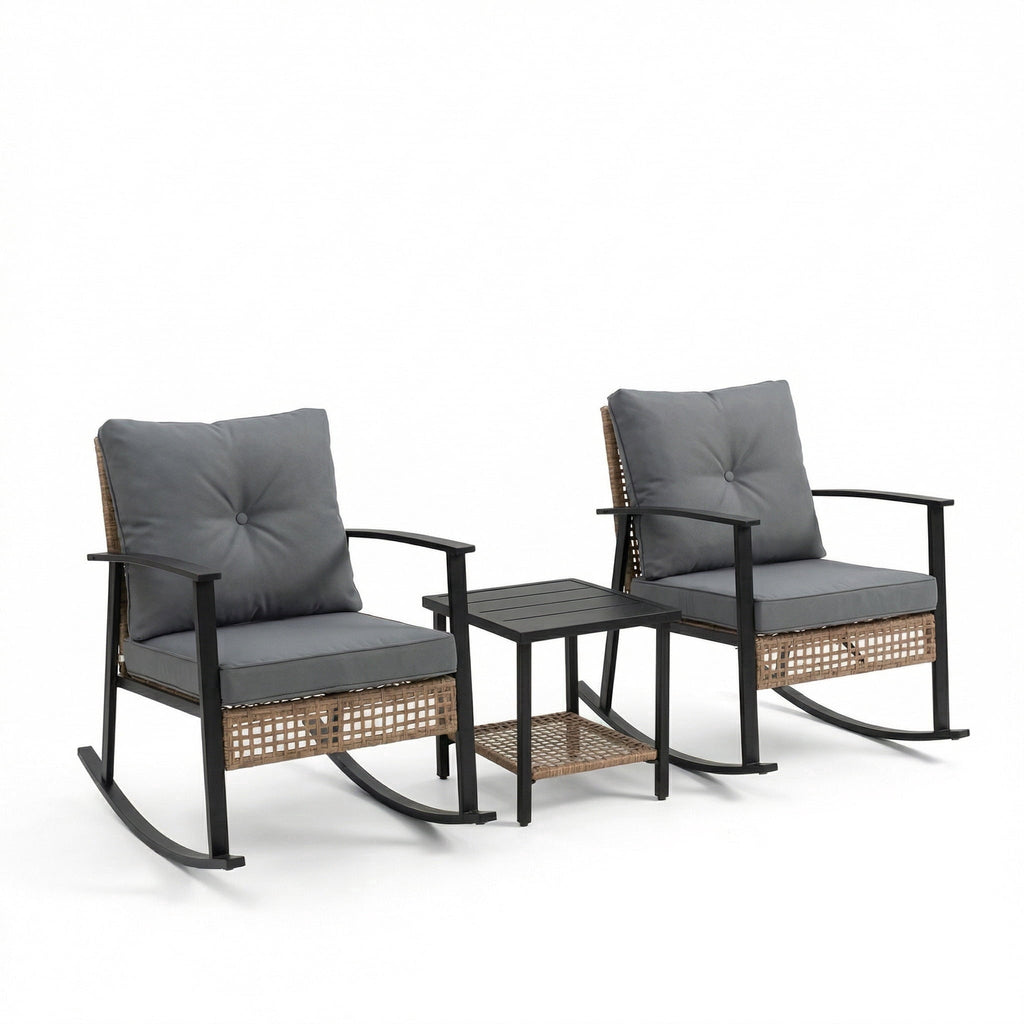 HaiNova 3 Piece Patio Rocking Chairs Set with Thick Warm Beige Cushions, Outdoor Rocking Chair Bistro Set with Chairs and Coffee Table Suitable for Garden, Backyard Porch and Balcony, Grey