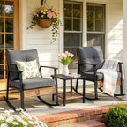 HaiNova 3 Piece Patio Rocking Chairs Set with Thick Warm Beige Cushions, Outdoor Rocking Chair Bistro Set with Chairs and Coffee Table Suitable for Garden, Backyard Porch and Balcony, Grey