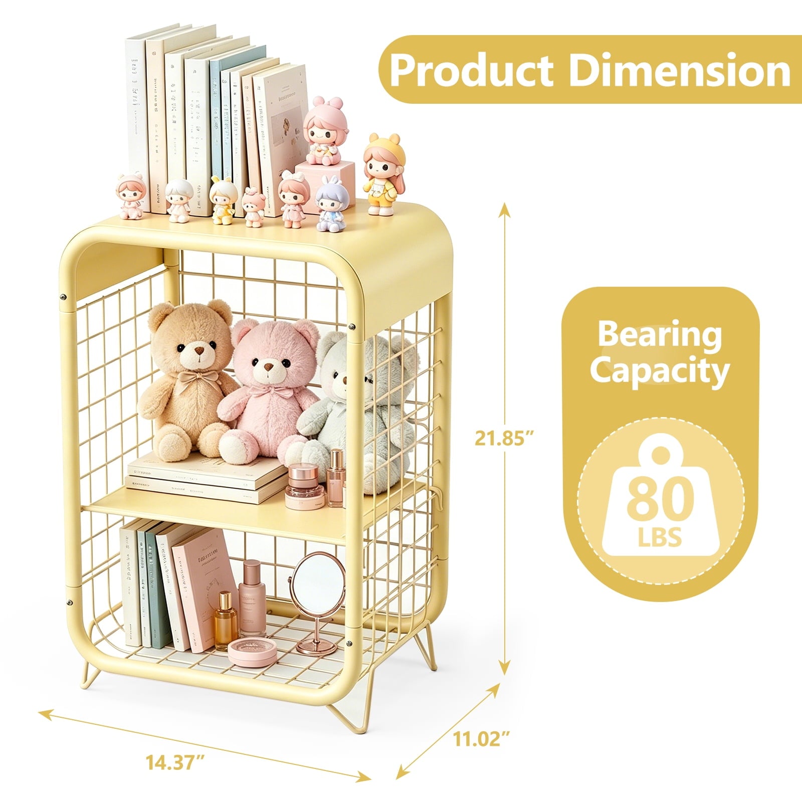 HaiNova 3-Tier Metal Wire Nightstand ,Kids End Table with Anti-Collision Fillet Design ,Sturdy Side Table for Bedroom ,Bathroom ,Living Room & Small Spaces ,Yellow